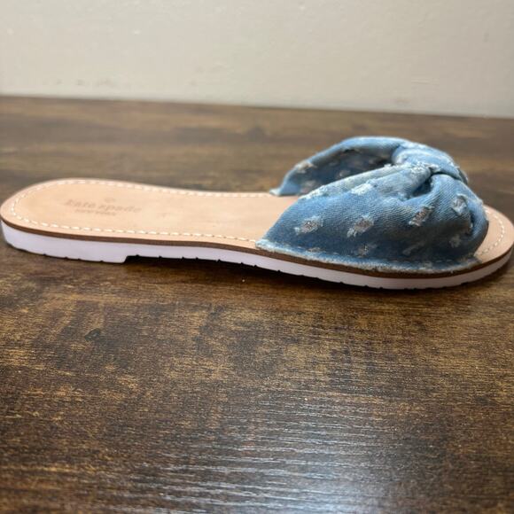 Kate Spade Indi Slide Sandal 8 Denim Bow Slip On Feminine Chic Open Toe Coquette - Picture 4 of 11